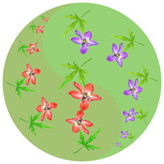 Obraz na płótnie Canvas Floral symbol Yin-Yang. Delphinium, larkspur. Geometric pattern of Yin-Yang symbol, on colored background in oriental style. Yin Yang symbol from flowers, petals. Flower illustration of mandala