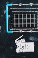 creative content sold online, photo and video digital downloads icon in shopping basket