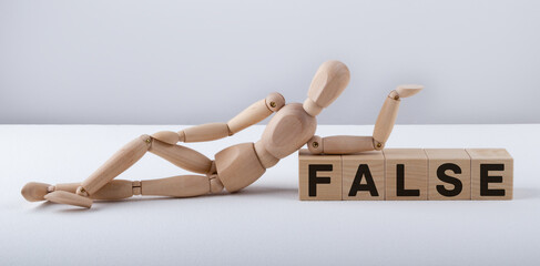 Wooden man sits on wooden cubes with the text FALSE.