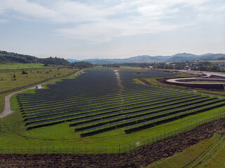 Aerial view of solar panels plant. Concept of clean and renewable energy.