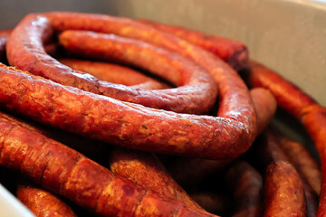 Fototapeta premium Closeup of finished Ukrainian Garlic Sausage after smoking