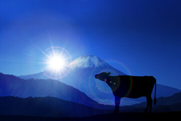 丑年年賀状-牛のシルエットと富士山と初日の出