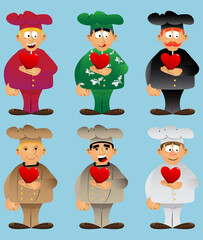Fat male cartoon chef in uniform holding red heart in his hand. Vector illustration.