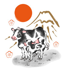 牛の親子と富士山の墨絵イラスト　年賀素材　2021　丑年