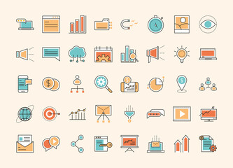 digital marketing icons seo analytics promotion business line and fill