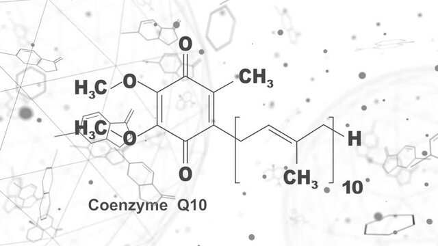 Coenzyme Q10 molecule, chemical structure. Production of cellular energy. Lines and dots connected background. 3D rendering