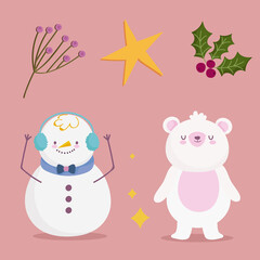 merry christmas, snowman bear holly berry and star icons design