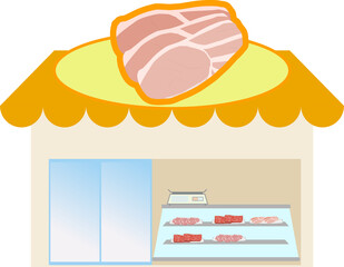 可愛いくてシンプルな町にある肉屋さんのイラスト
