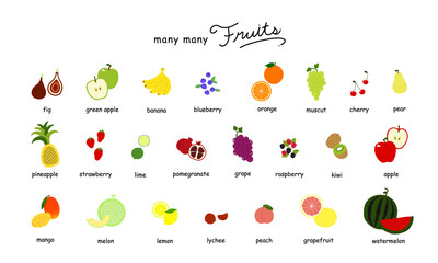 フルーツの手描きイラストアイコンセット 白背景