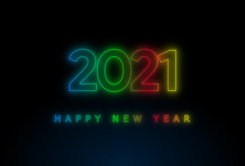 Happy new year 2021 Text with effect neon light colorful in dark background