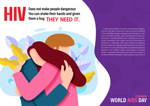 Image of lover or people in cartoon character embracing with slogan wording of World AIDS Day, example texts on decorated plants and white, purple background. Poster campaign in vector design.