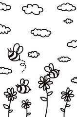 Busy bees flying around colorful flowers, Lines for coloring