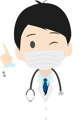 マスクをした指を差す可愛くてシンプルなお医者さん(医師)のイラスト