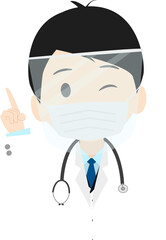 フェイスシールドをした指を差す可愛くてシンプルなお医者さん(医師)のイラスト