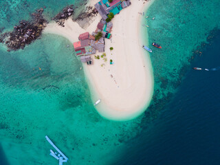 Aerial view of drone. Beaches and sea space area for text detail. on Khai Island, Phuket, Thailand, Seawater clear and blue green. Nature in Khai Island. At Khai island, Phuket, Thailand.