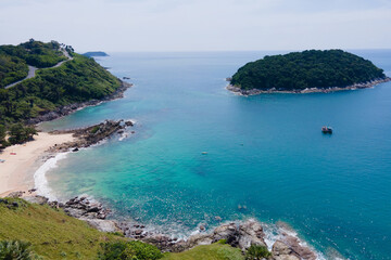 Amazing scene of Beautiful Turquoise in nature. Andaman ocean sea and coast in nature. Aerial view of drone coast sea, Andaman south of Thailand. At Phuket, Thailand. Nature and Travel concept.