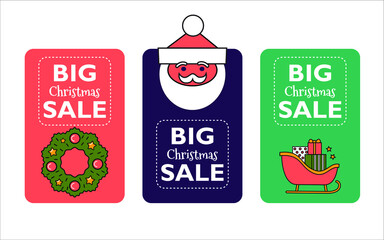 chritmas sale vector cartoon tags and stickers collection with Santa Claus, wreath, gift