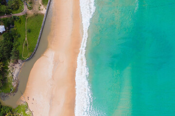 Amazing scene of Beautiful Turquoise in nature. Andaman ocean sea and coast in nature. Aerial view of drone coast sea, Andaman south of Thailand. At Phuket, Thailand. Nature and Travel concept.