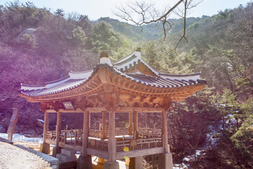 A traditional korean wooden pavilion at the Bukhansan Mountain National park in Seoul, South Korea