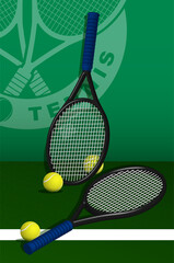 tennis rackets and balls lie on lawn of tennis court. Sport equipment and inventory. Realistic vector