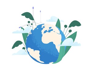 Save the planet ecology concept. Earth care and environmental protection. Eco-friendly planting and using renewable energy. Colorful flat textured vector illustration isolated on white background
