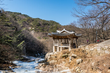 A traditional korean wooden pavilion at the Bukhansan Mountain National park in Seoul, South Korea
