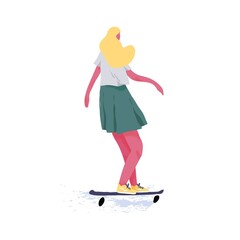 Female skateboarder riding skateboard. Young woman skater standing on board. Extreme sport with longboard. Summer street activity. Flat textured vector illustration isolated on white background © Good Studio