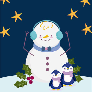 merry christmas, snowman penguins in snow with stars design