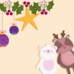 merry christmas, polar bear and reindeer star and balls decoration