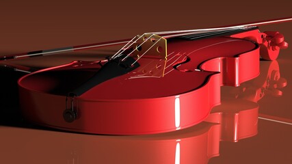 Red classic violin on metallic orange plate under spot lighting background. 3D sketch design and illustration. 3D high quality rendering.