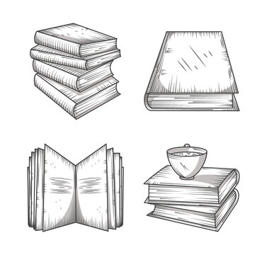 Book Icons Set, Learning Information Or Study Engraving Style