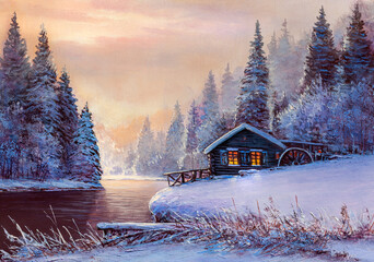 Winter landscape with river and water Mill. Oil painting . - 395451558