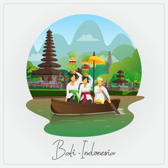 Welcome to Bali greeting card with people ride boat with Galungan ceremony equipment