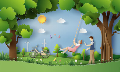 Cute couple in love in the park, a lady on a swing and a man take care of her, paper art style, flat-style vector illustration.
