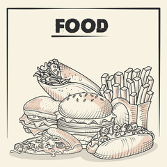food and delicious snacks burger french fries pizza taco hand drawn poster