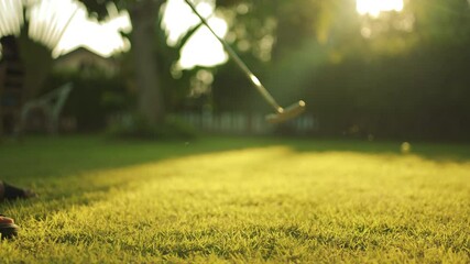 Close up putting golfball going to into hole in garden in background at sunset - Powered by Adobe