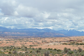 Fototapeta na wymiar La Sal Mountain Range from across Arches National Park