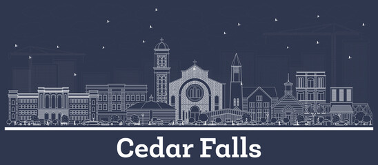 Outline Cedar Falls Iowa Skyline with White Buildings.