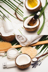 collage of natural ingredients, homemade cosmetics, massage brush, towel, and sponges near palm leaves on white, stock image
