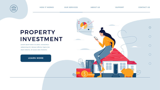 Property investment homepage template. Woman sitting on the house, calculates income from real estate buying, rent. Buy a property, investment profit. Vector illustration, modern flat cartoon design