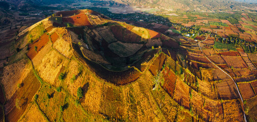 Aerial view of Chu Dang Ya volcano mountain near Pleiku city, Gia Lai province, Vietnam. Chu Dang Ya mountain is a volcano that has stopped working
