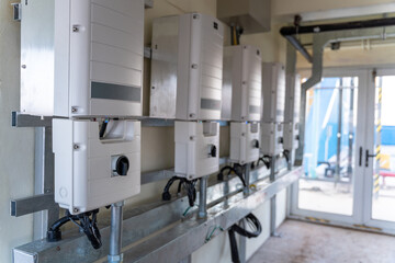 Close up Inverter solar panel and Solar system of Solar panels or Solar cells on factory or...