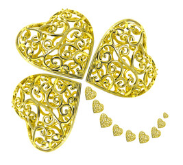 Three-leaf clover made of gold hearts isolated on a white background. Symbol of good luck and wealth.