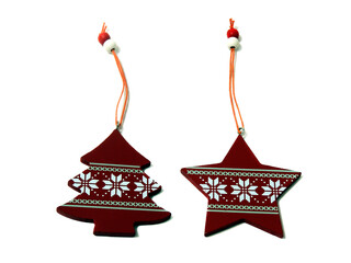 Two red wooden Christmas tree toys with white ornaments. Star and Christmas tree isolated on a white background.