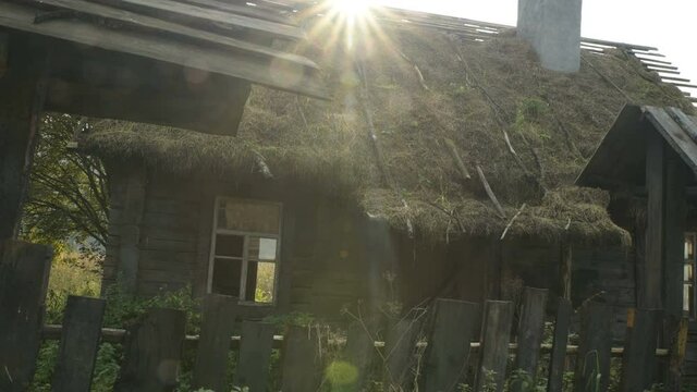 Old fashioned vintage wooden retro abandoned village countryside dacha house straw roof world war two World War II former USSR CIS Belarus partisan guerilla fight battle for freedom history historic