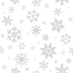 Winter seamless pattern with flat silver grey snowflakes on white background.