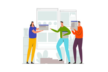 Team building web concept. Team working for building social media application and website optimization . Flat vector illustration
