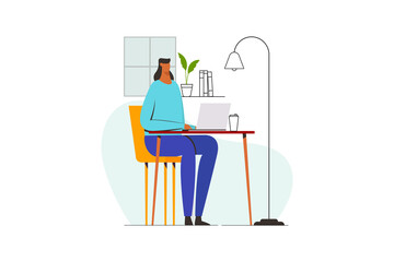 Working at home. Young woman freelancers working on laptops at home. People at home in quarantine. Vector flat style illustration