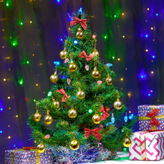 Gifts near a beautifully decorated Christmas tree against a background of bright lights