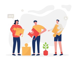 Group of young people in casual wear working together. Office workers are made up of parts of the whole, working on the project. Flat vector illustration concept in trendy colors for banner, UI.